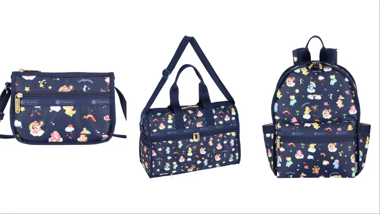 LeSportsac X Care Bears夢境之旅經典迷你斜背包（左起）2200元、夢境之旅奢華中型旅行袋7200元、夢境之旅小型健行後背包5500元。品牌提供