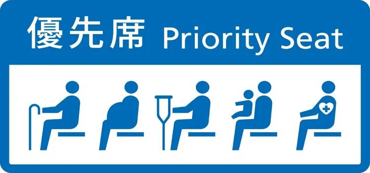 「優先席」統一圖示由左至右分別表達高齡者、孕婦、行動不便者、攜帶幼童及其他實際需要者。交通部提供