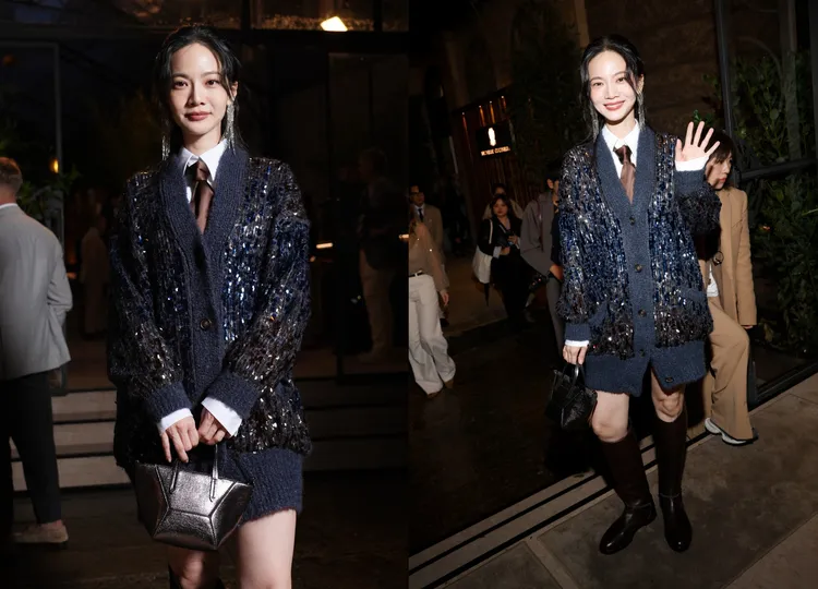 曾之喬改穿著Brunello Cucinelli亮片毛衣搭配長靴，華麗又不失個性。品牌提供