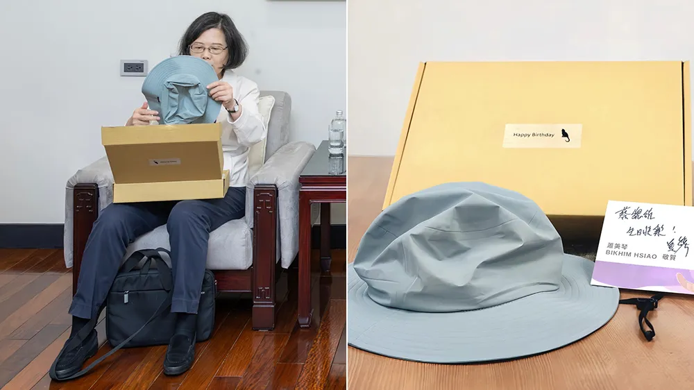 蔡英文开箱萧美琴送的登山帽。翻摄自蔡英文threads