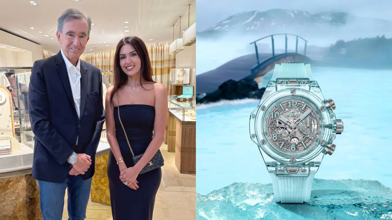 LVMH集團總裁阿諾(左圖左)戴上HUBLOT Big Bang Unico湖水藍寶石計時碼錶。左圖翻攝Nikita Sachdev Lord / LinkedIn、右圖品牌提供