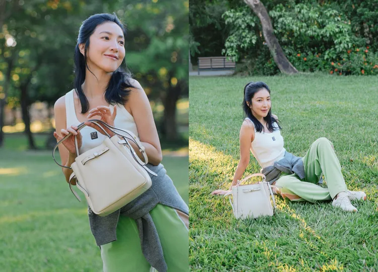 楊謹華拎上ROMY水桶包，躺在草地上更顯愜意。品牌提供