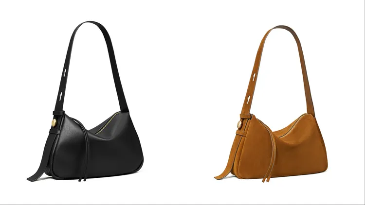 TORY BURCH ROMY肩背包（左）1萬7500元、ROMY麂皮肩背包（右）1萬8500元。品牌提供