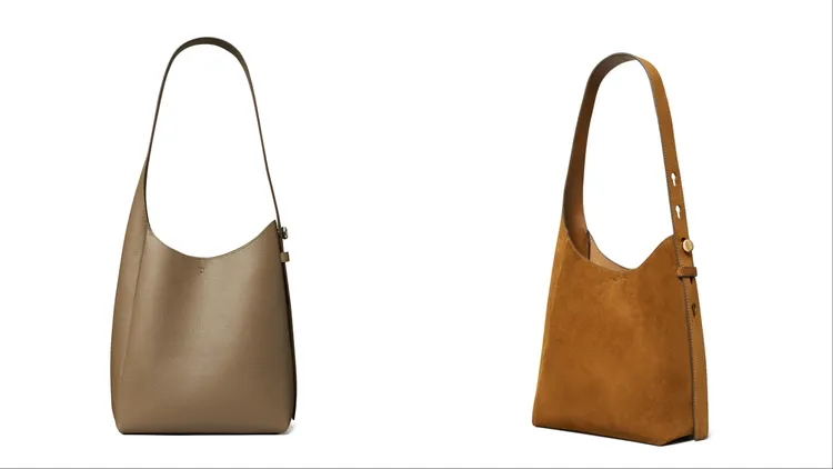 TORY BURCH ROMY Hobo小型肩背包（左）、ROMY Hobo小型麂皮肩背包（右），各1萬5900元。品牌提供