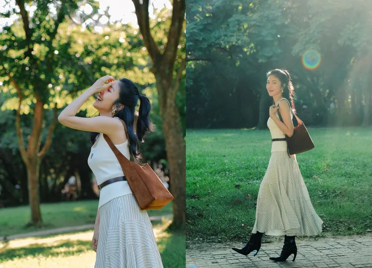 楊謹華以皮革腰帶、Hobo麂皮肩背包作為造型的點睛之筆。品牌提供