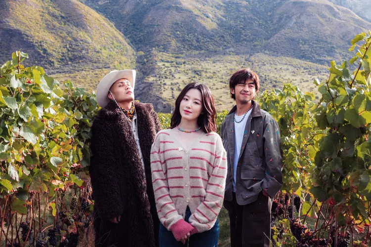 黃宣(左起)、舒華和陳柏霖感受葡萄園中的優良風土條件。出去一下提供