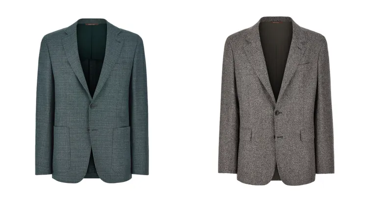 CANALI綠色布里安扎純羊毛西裝外套外套（左）6萬8800元、米灰羊毛混紡西裝外套（左）7萬1800元。品牌提供