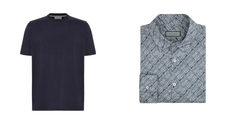 CANALI海軍藍棉質針織短袖T恤（左）1萬3800元、藍色植物圖騰棉質襯衫（左）1萬6800元。品牌提供