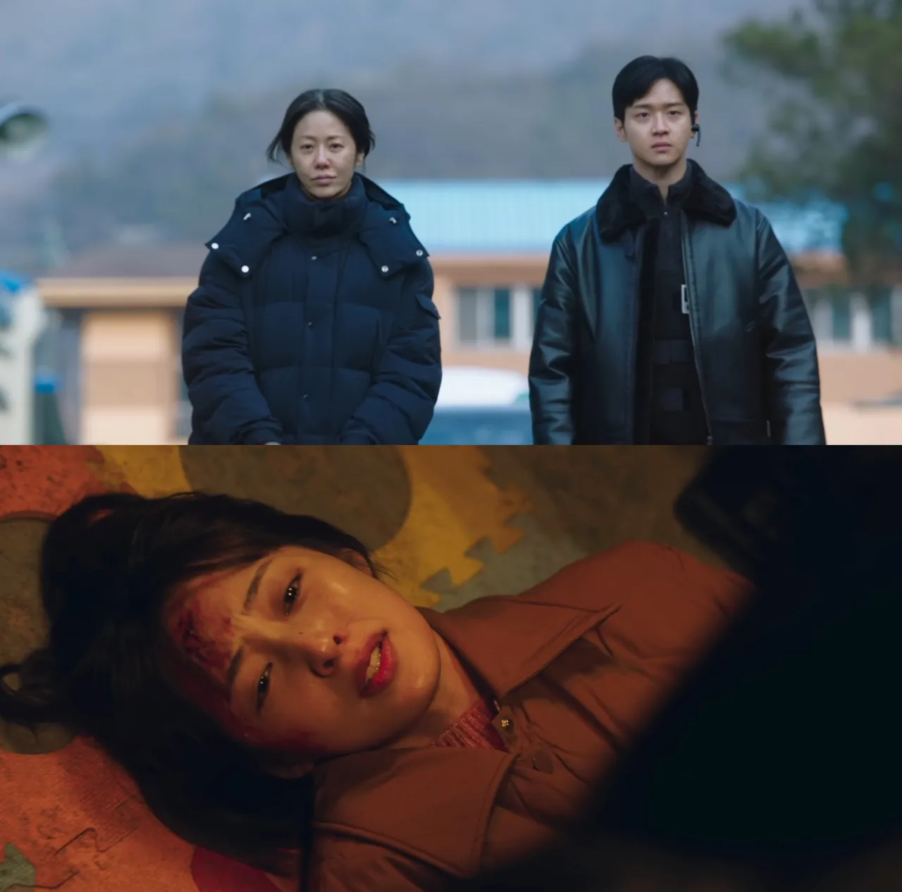 张东润(上图右)《家母螳螂》第7集面临抉择,不得不将母亲高贤廷(上图左)跟妻子金宝罗交换人质。翻摄Netflix