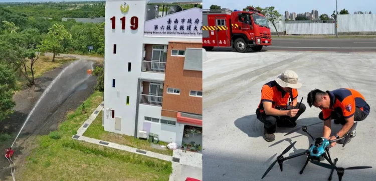 無人機空拍畫面、可幫助地面救災機器人找到射水的最好角度。南市消防局提供