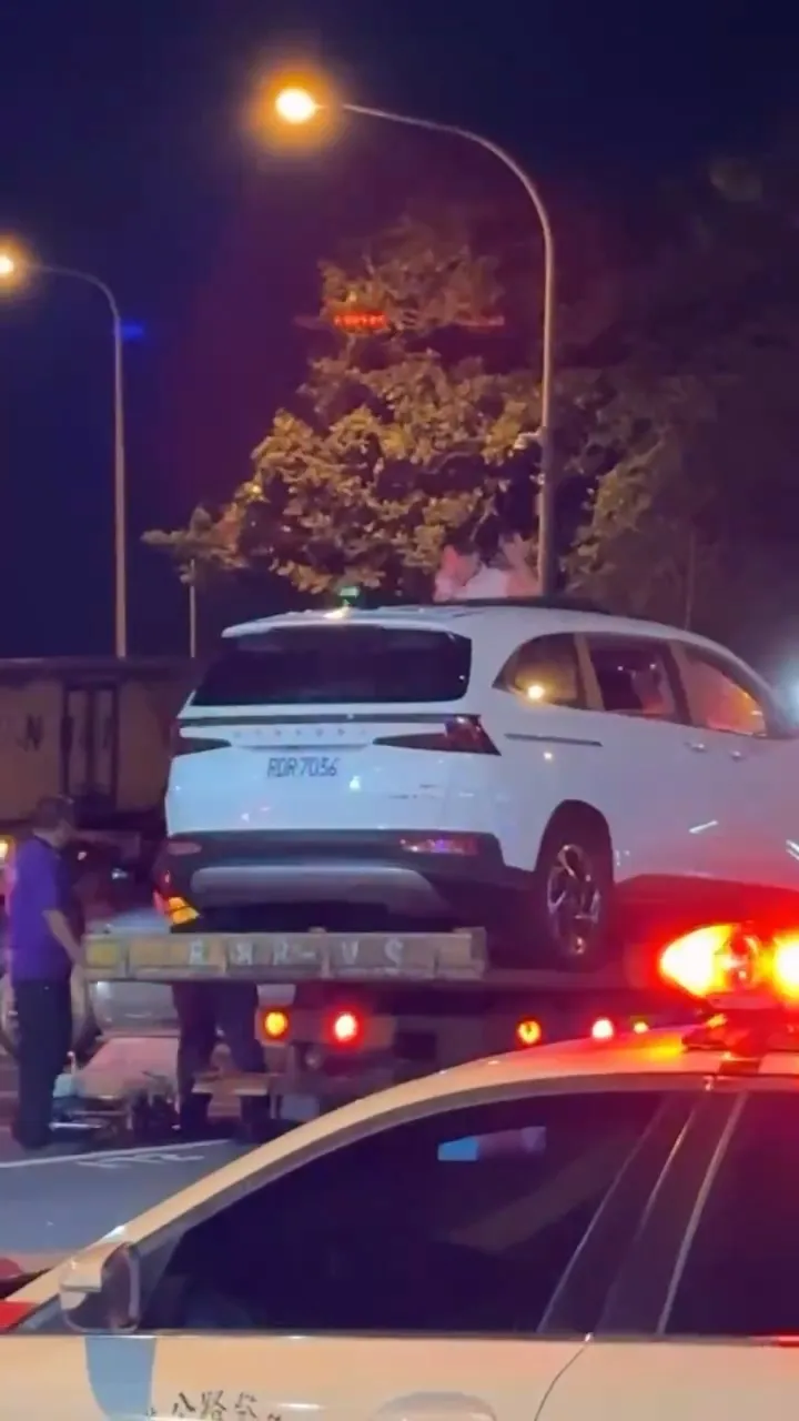 林姓女駕駛不滿車子被拖,爬上拖吊車怒拍自己租來的小客車車頂。民眾提供