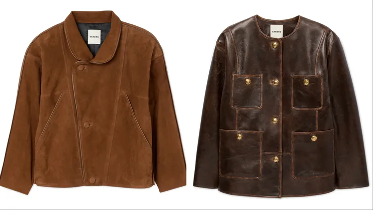 SANDRO棕色麂皮翻領外套（左）、深棕色圓領皮衣外套 （右），各3萬2690元。品牌提供