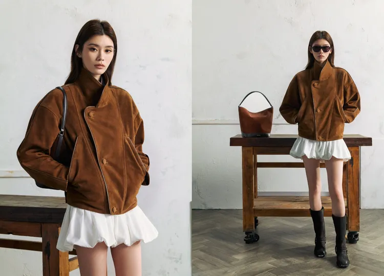 奚夢瑤以麂皮外套搭配蓬鬆花苞裙，鮮明對比營造出叛逆少女感。品牌提供