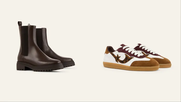 ba&sh CODA中筒靴（左）1萬5980元、拼接麂皮休閒鞋（右）9410元。品牌提供