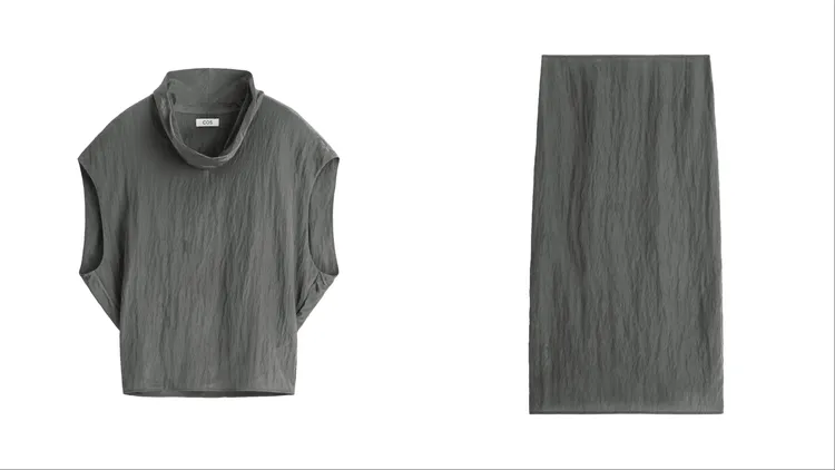 COS灰色壓皺套裝採用開放式領口設計塑造女性優雅線條。品牌提供