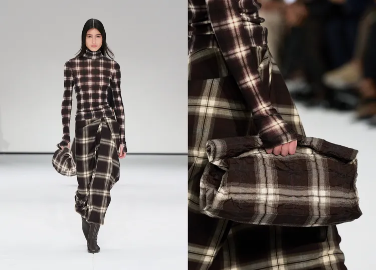 靈感來自經典傳統的格紋圖案也頻繁出現，運用於上衣、褲款與包款設計。品牌提供