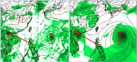 美國(GFS左圖)及歐洲(AIFS右圖)模式6日20時模擬圖顯示，下半週起菲律賓東方海面又有熱帶擾動(1)，模擬路徑6日20時大致通過海南島北側、雷州半島一帶。台灣東方6日20時則另有一熱帶擾動(2)發展。