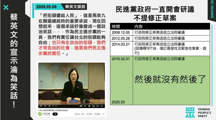 黃國昌指出，2009年5月6日蔡英文曾宣示，「作為民進黨的一員，我們有責任讓台北的街頭能夠自由。」