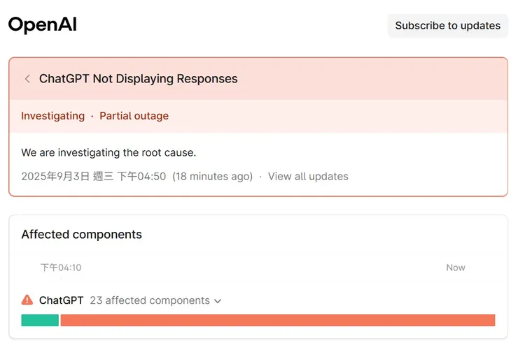 OpenAI證實故障中。翻攝自OpenAI