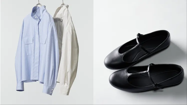 UNIQLO：C棉質立領襯衫式外套（左）各1290元、芭蕾平底鞋（右）990元。品牌提供