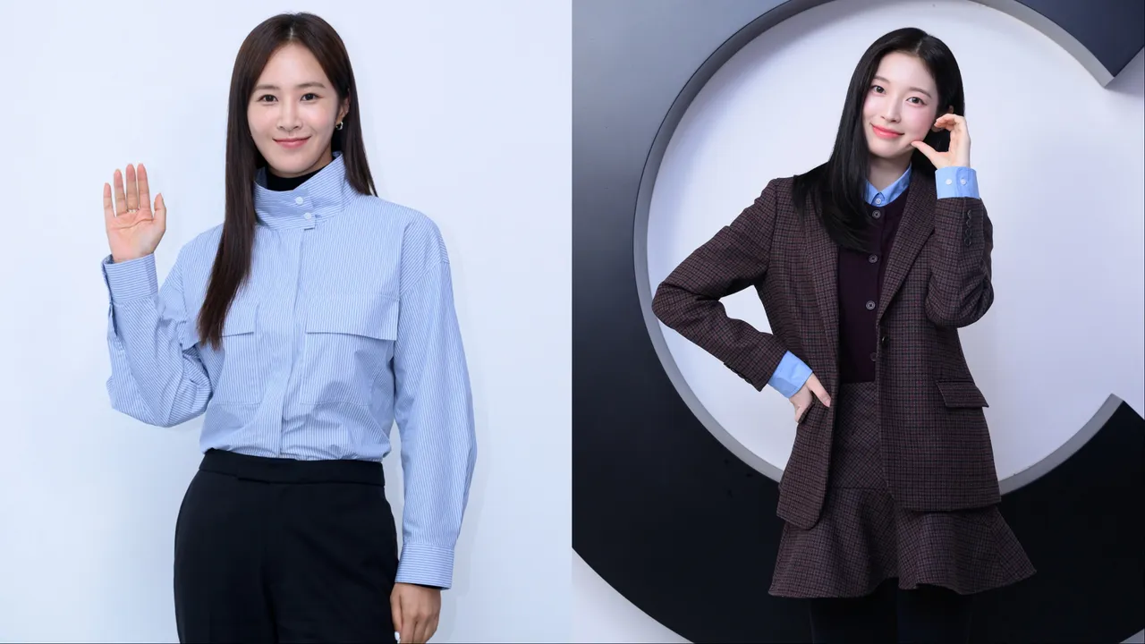 俞利(左)、Oh My Girl成員Arin(右)分別展示俐落、甜美風格。品牌提供