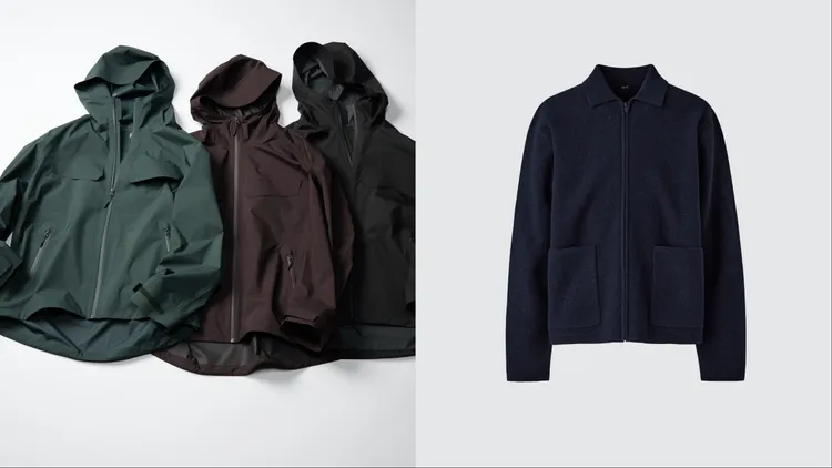 UNIQLO：C BLOCKTECH防風雨連帽外套（左）各3490元、針織拉鍊外套 （右）2490元。品牌提供