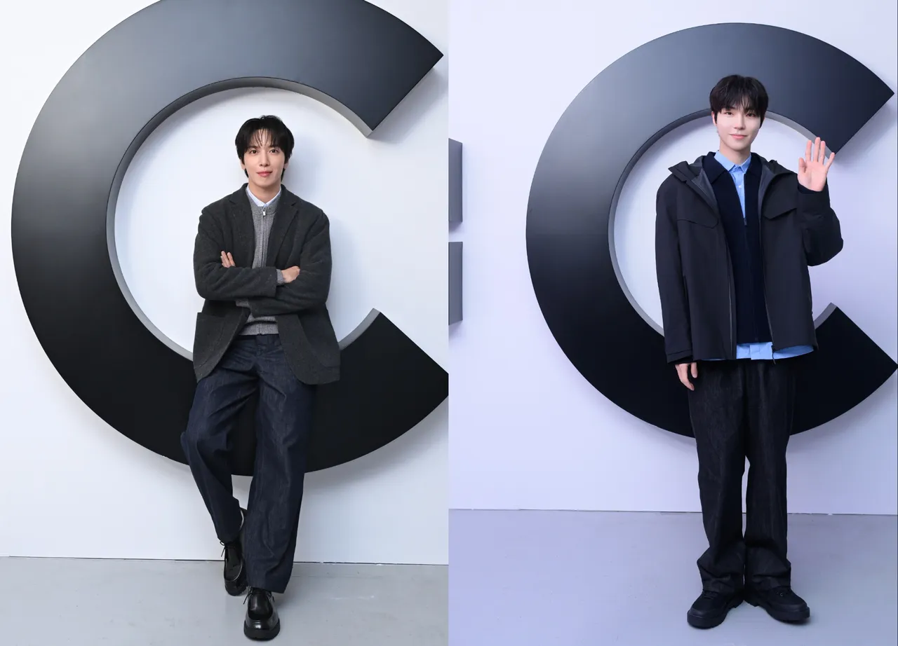 鄭容和(左)黃寅燁(右)雙雙以UNIQLO:C示範秋冬層次感造型。品牌提供