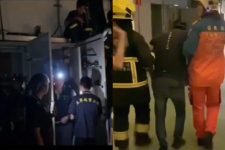 大批黑衣人進入廠房後開始剪電纜(圖左)破壞，導致合勤科技廠房員工員工一度受困電梯(圖右)被救出。合勤提供