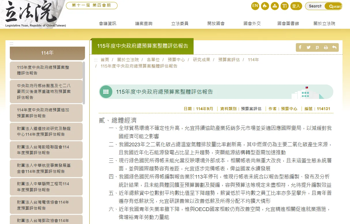 立法院預算中心115年評估報告。立法院網站