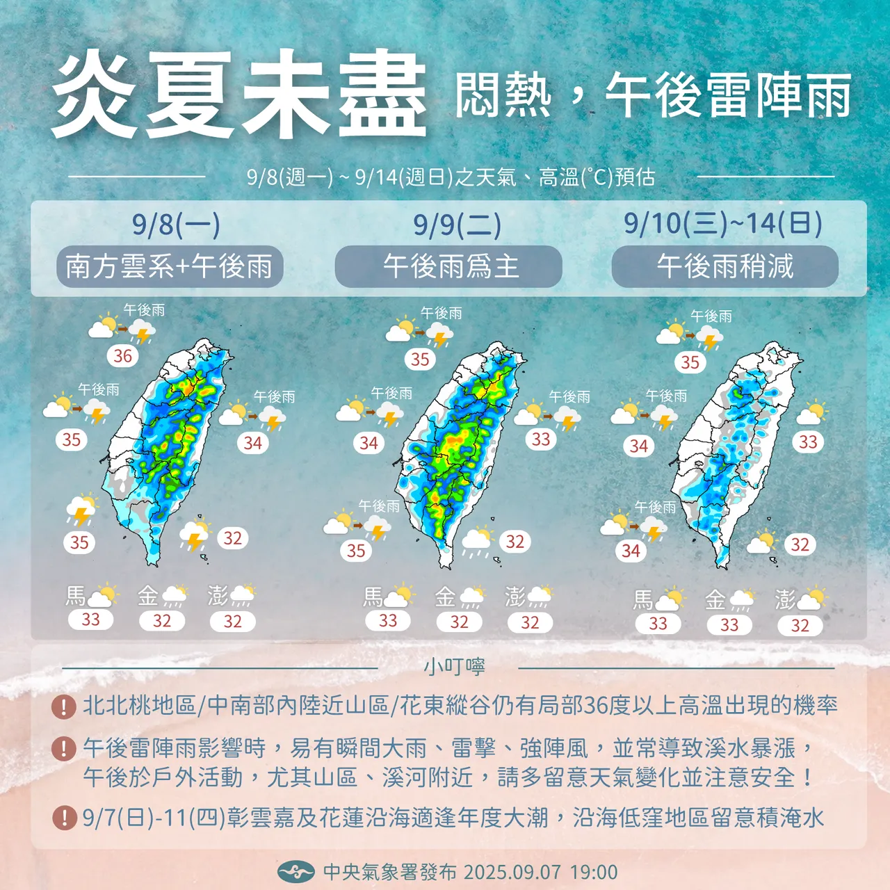 连日高温延续,气象署提醒民众注意防晒。翻摄中央气象署网站