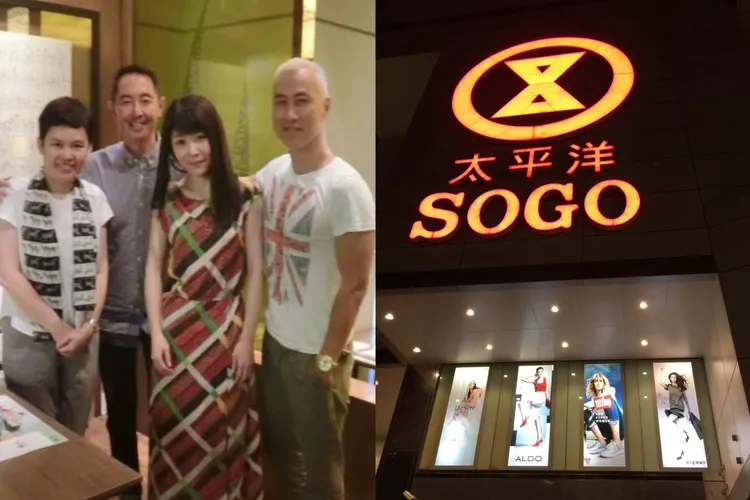 攜手馬來西亞知名時尚企業家Sonny San(左2)打造手工編織鞋，張詩婉當時業績之好，曾登上Sogo牆面廣告(圖右)。業者提供