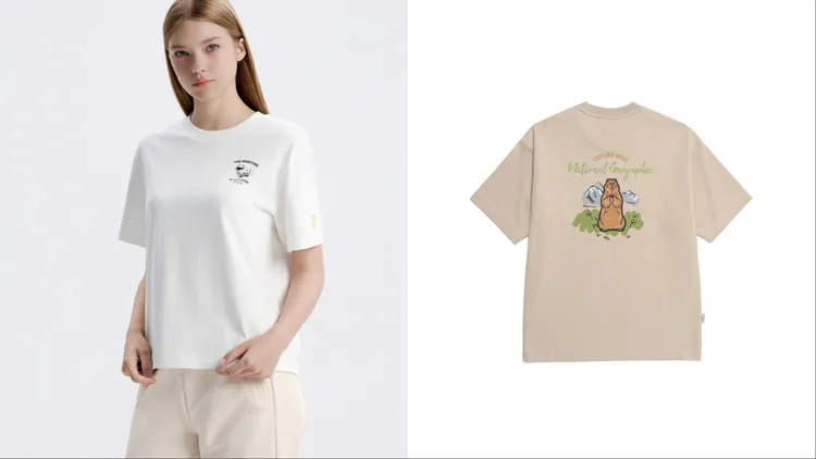 國家地理服飾綿羊圖章短袖上衣（左）1780元、土撥鼠印花短袖上衣（右）2380元。品牌提供