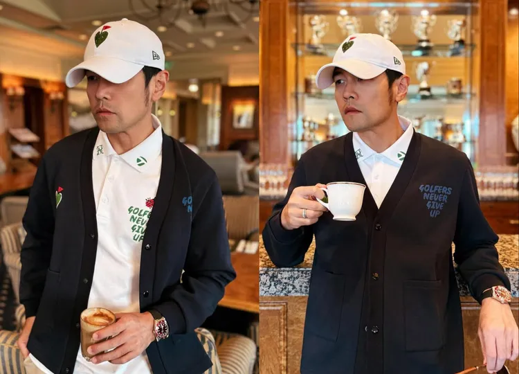 周杰倫以聯名系列的針織開襟衫內搭白色Polo衫。翻攝周杰倫IG