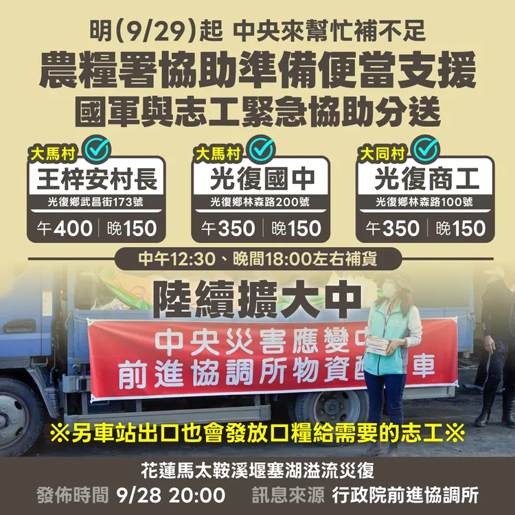 中央支援災區便當發放。翻攝自經濟部臉書