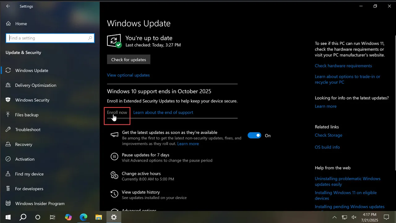 使用者可在「设定>更新与安全性>Windows Update」中点选「立即注册」,依步骤完成延长安全更新(ESU)注册,符合条件者可免费加入,并在画面显示完成后持续获得安全更新。微软官网