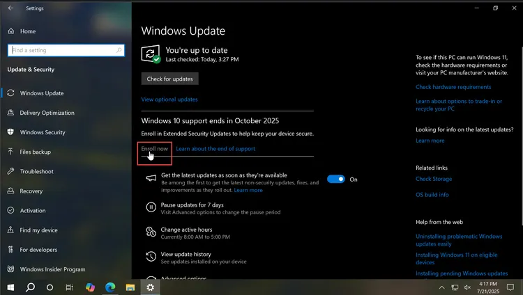 使用者可在「設定＞更新與安全性＞Windows Update」中點選「立即註冊」，依步驟完成延長安全更新（ESU）註冊，符合條件者可免費加入，並在畫面顯示完成後持續獲得安全更新。微軟官網