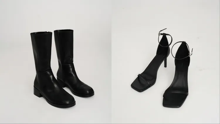 CHENN CHENN CC皮革中筒靴（左）3480元、方頭一字帶高跟涼鞋（右）2480元。品牌提供