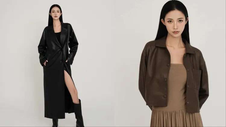 CHENN CHENN長版皮革大衣外套（左）3880元、皮革短版襯衫外套（右）2380元。品牌提供