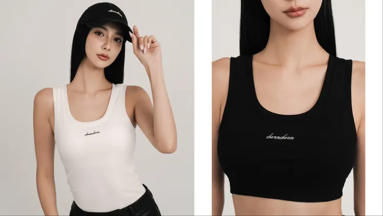 CHENN CHENN CC刺繡坑條BRATOP（左）、CC刺繡坑條短版BRATOP （右），各890元。品牌提供