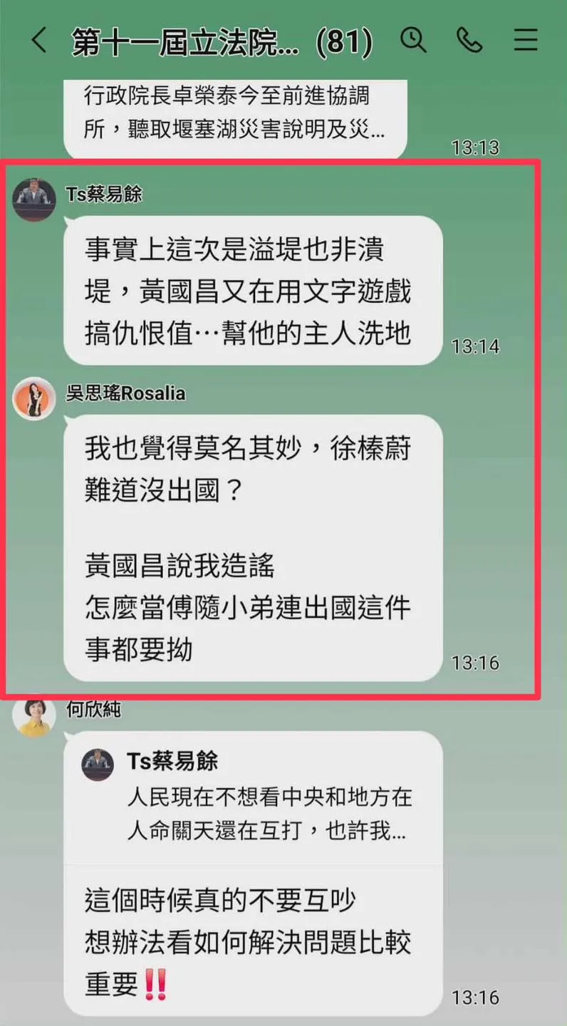 民進黨立院黨團群組對話曝光。翻攝自陳智菡臉書