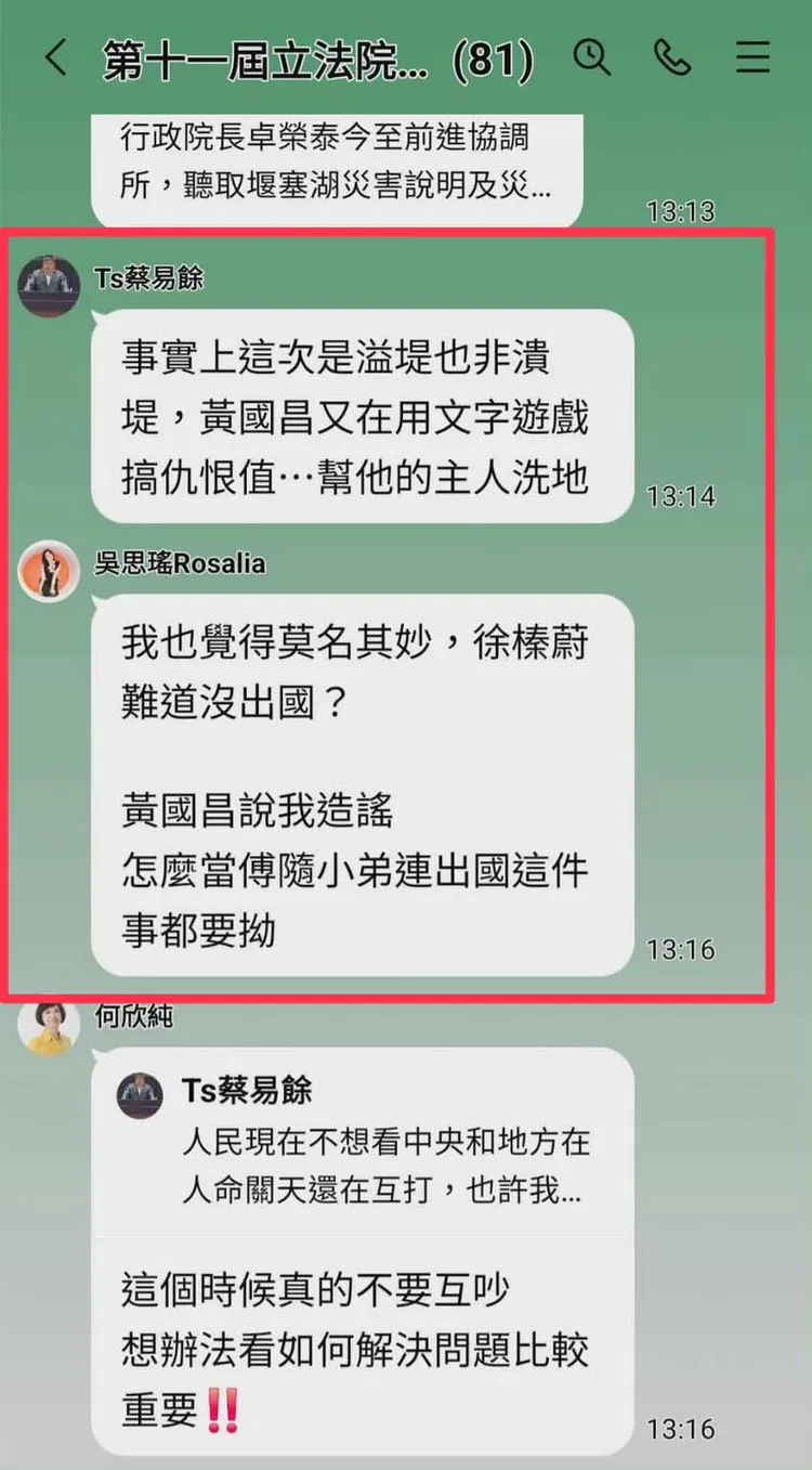 民進黨立院黨團群組對話曝光。翻攝自陳智菡臉書