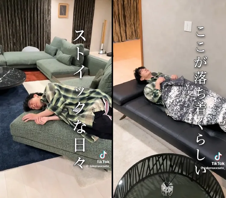 佐藤健習慣睡在客廳的沙發一角，或是到客廳床上睡。翻攝佐藤健TikTok