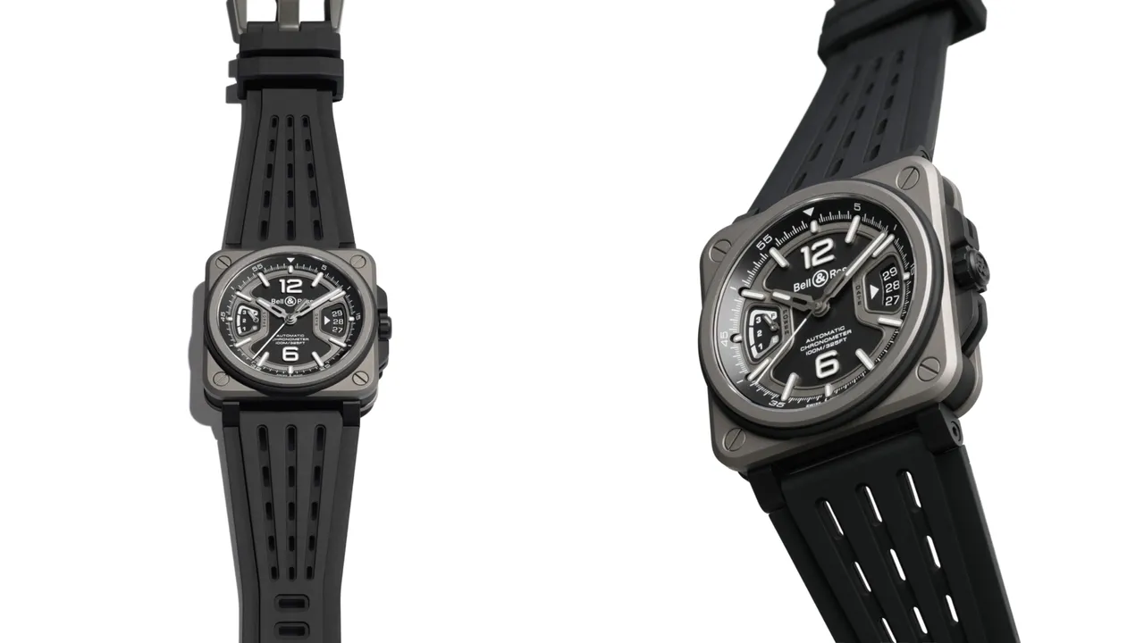 Bell & Ross BR-X3 Black Titanium,41mm,钛金属表壳,哑灰色金属框表盘,黑色坑纹穿孔橡胶表带,BR-CAL.323自动机芯,动力储存约70小时,27万9000元。品牌提供