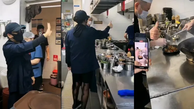 張蘭頻頻對廚師、剛起鍋的菜比讚。翻攝張蘭快手