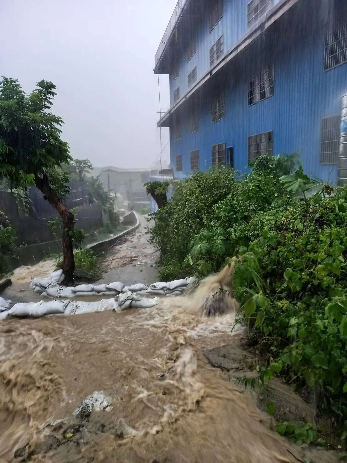 台中太平德利路一帶居民堆疊的沙包,因雨勢太大無法擋水被沖散。蔡耀頡提供