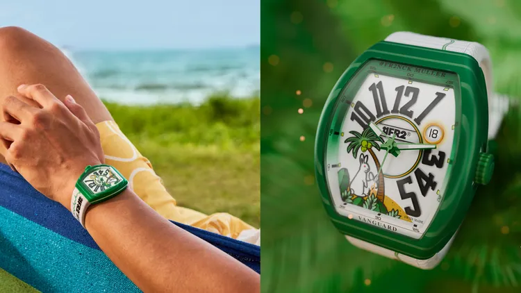 #FR2NCK MULLER Vanguard Beach 聯名腕錶，41mm*49.95mm，玻璃纖維複合材質錶殼，啞光白色錶盤，尼龍錶帶搭配皮革內襯，MVT 2536-SCDT2H自動上鍊機芯，動力儲存 42小時，防水深度30米，限量300只，42萬8000元。品牌提供