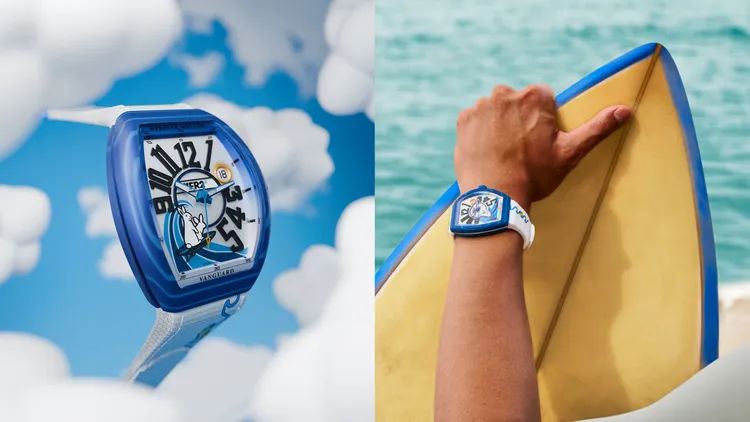 #FR2NCK MULLER Vanguard Beach 聯名腕錶，41mm*49.95mm，玻璃纖維複合材質錶殼，啞光白色錶盤，尼龍錶帶搭配皮革內襯，MVT 2536-SCDT2H自動上鍊機芯，動力儲存 42小時，防水深度30米，限量300只，42萬8000元。品牌提供