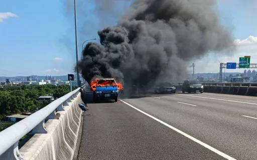 國1高架桃園路段火燒車 駕駛急停路肩偕乘客逃生