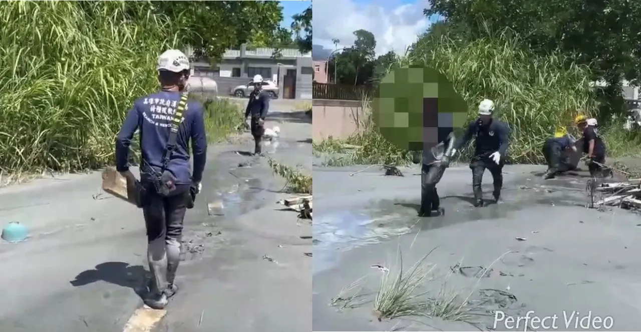 污泥造成灾后救援困难,有民众深陷其中,搜救队将人救出。高市消防局提供