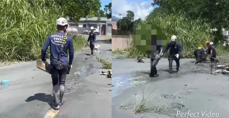 汙泥造成災後救援困難，有民眾深陷其中，搜救隊將人救出。高市消防局提供